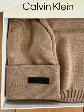 Calvin Klein Beige Knit Cuffed Beanie with Black Logo Patch